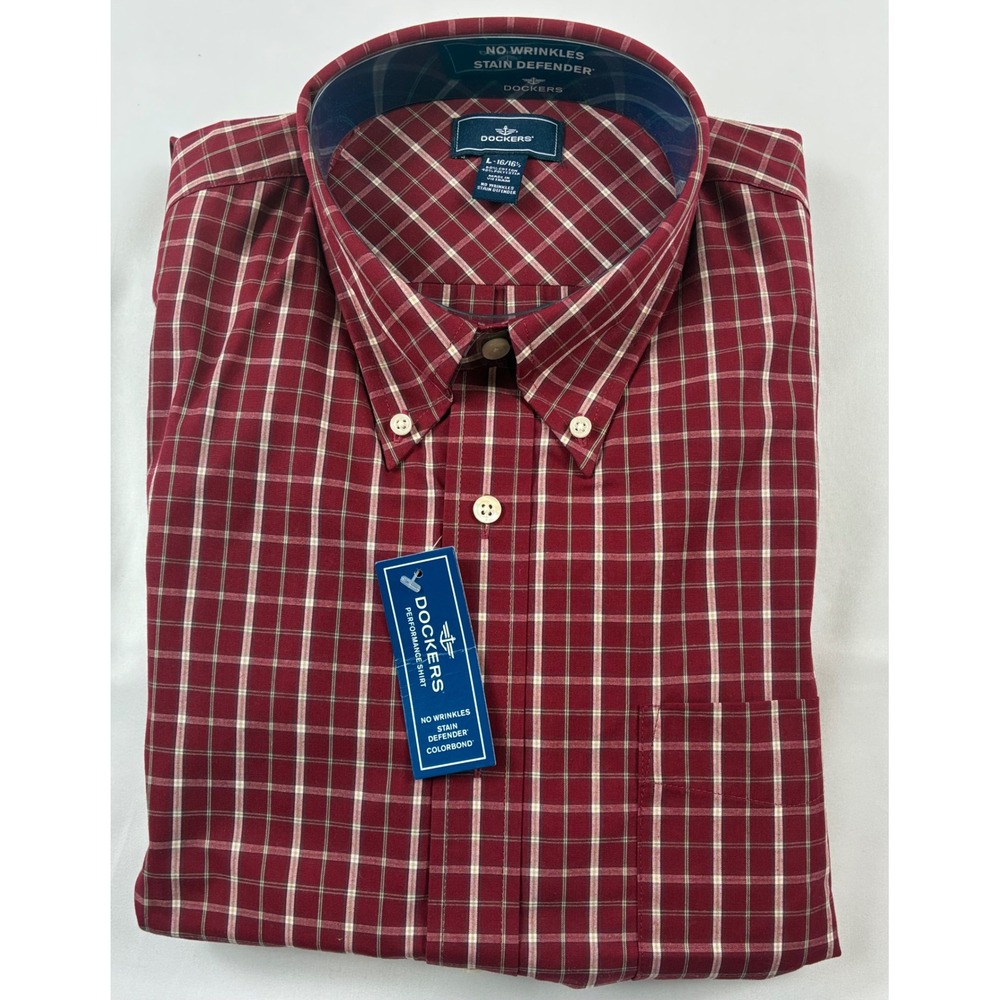 Dockers Performance Shirt Men L Red Plaid NWT No Wrinkle Stain Defender Button